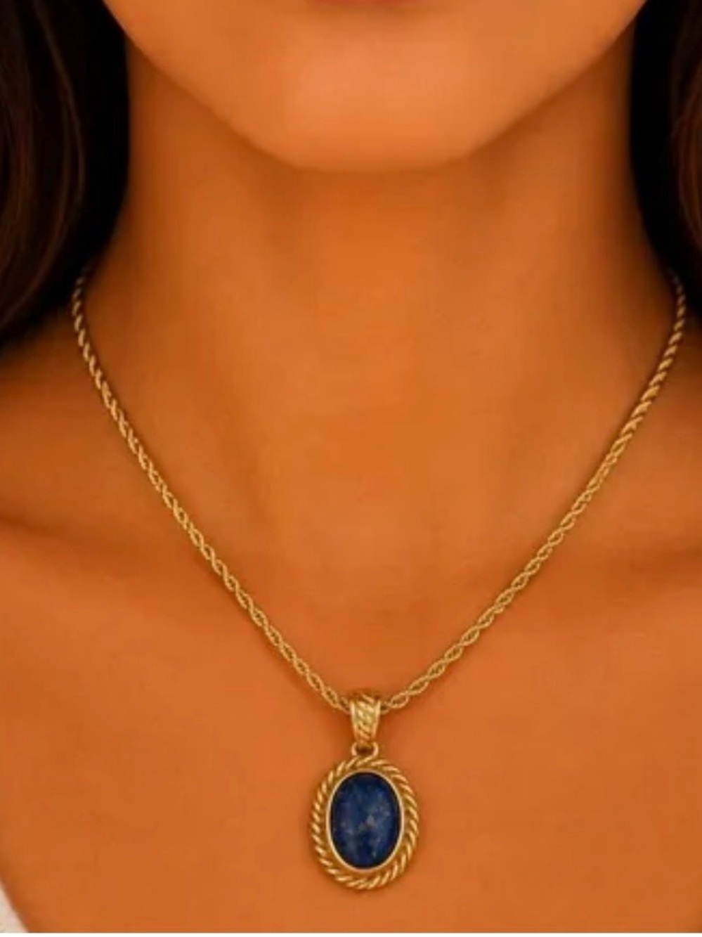 Gold Rope Chain Necklace with Blue Oval Pendant